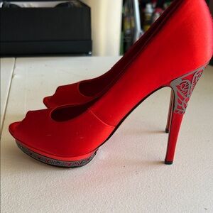 BCBGMaxAzria Red Satin Peep-Toe Platform Pumps
